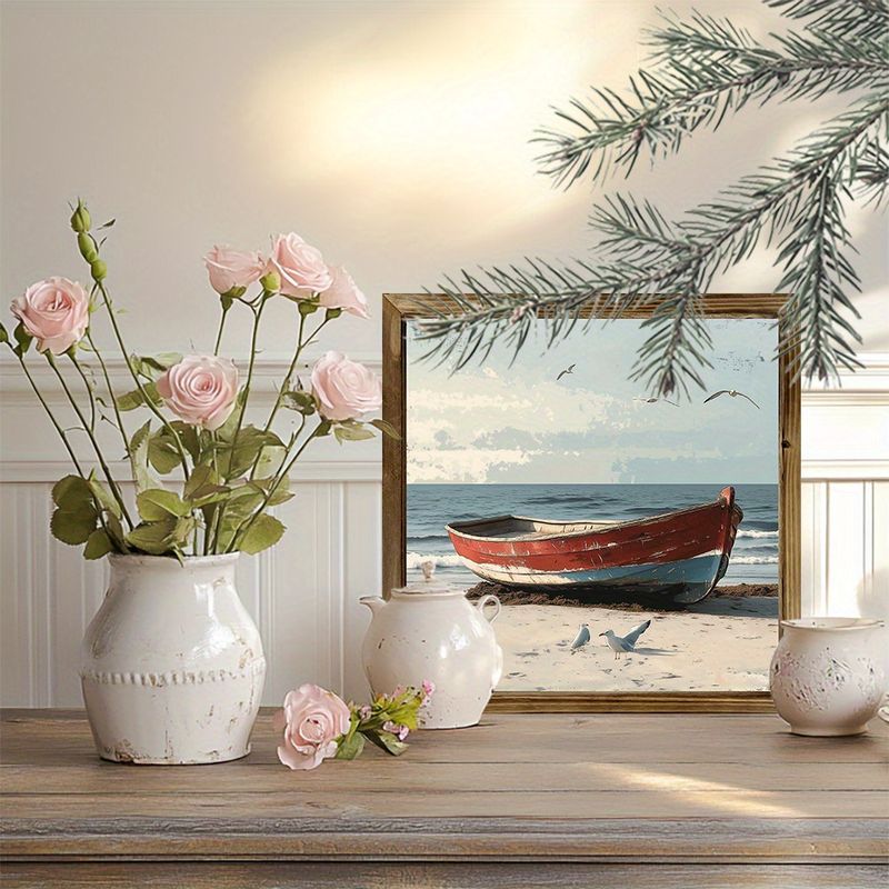 Placa de madeira costeira vintage "8x8" - Cena de praia com barco e gaivota. Decoração rústica de verão para quarto ou escritório. Presente de Natal perfeito._voghion.com