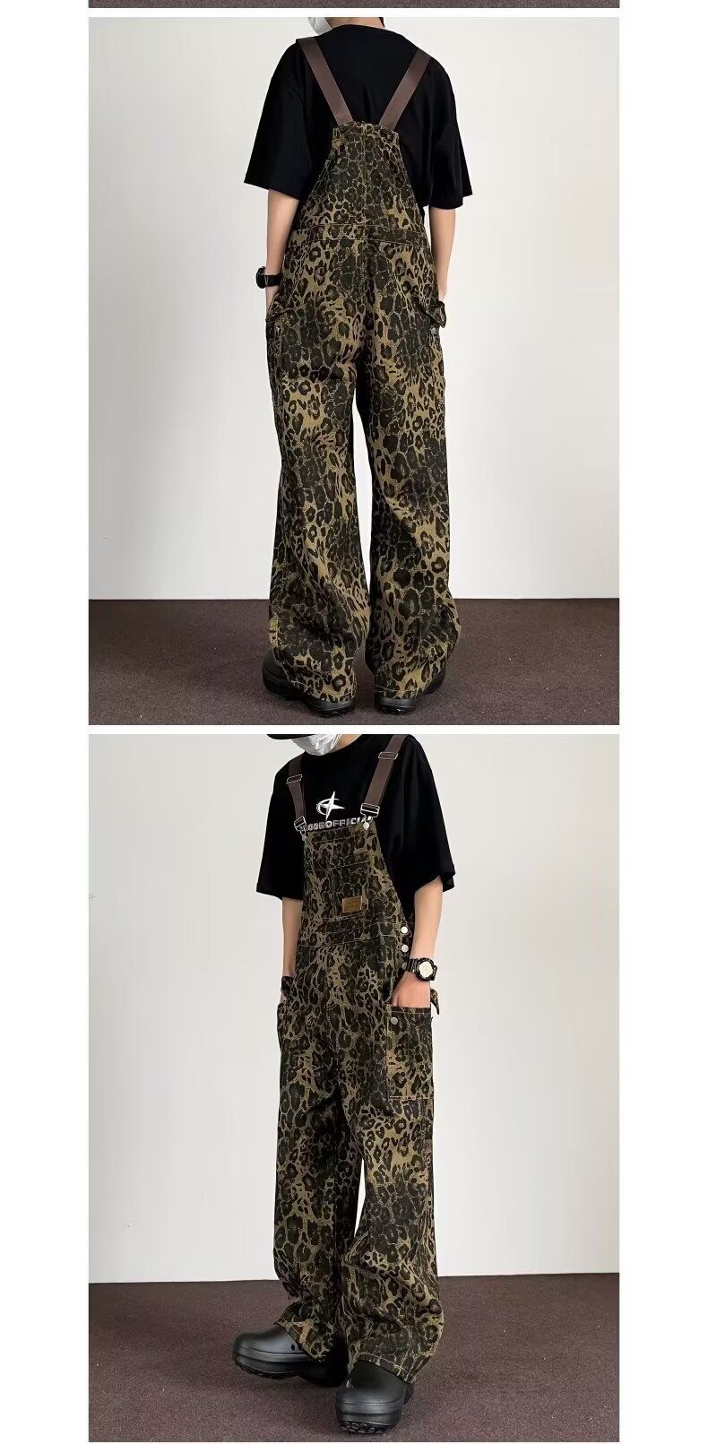 American High Street Leopard Print Denim Overalls For Men In Spring And Autumn, Loose Design, Niche Straight Wide Leg_voghion.com