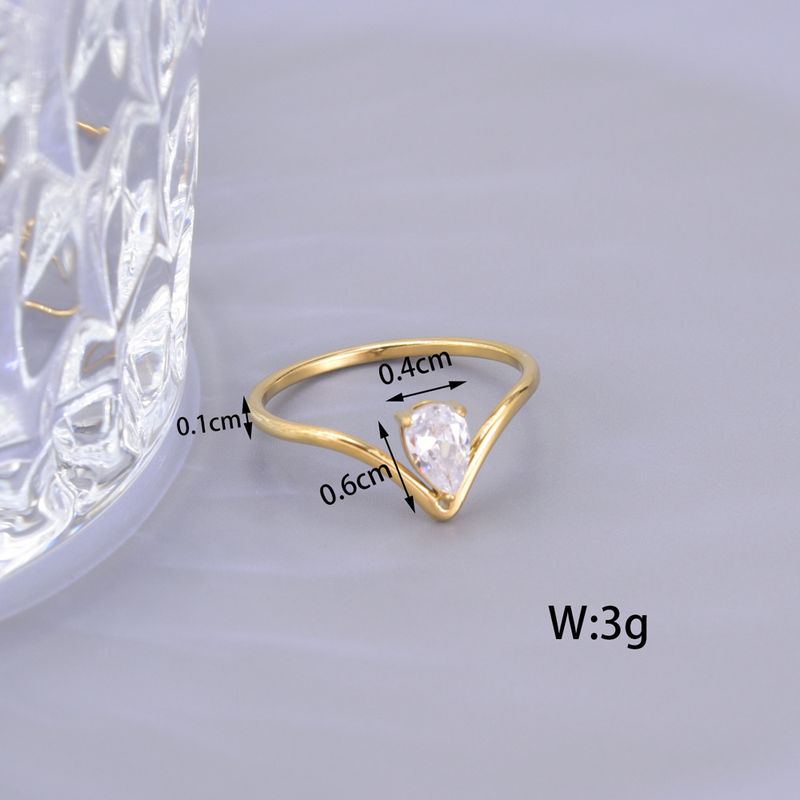 J105 Design V-Shaped Water Drop Shiny Zircon New Fashion Gold-Plated Thin Ring For Women_voghion.com