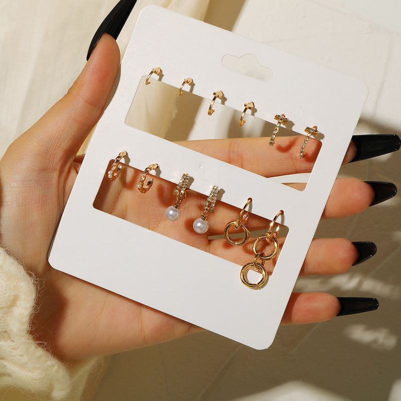 Metal Love Square Geometric Tassel Earrings Combination Set Of Retro Pearl Diamond C Shaped Earrings_voghion.com