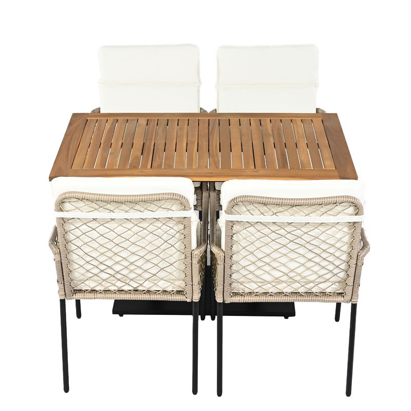 Ensemble de salle à manger d'extérieur 5 pièces pour 4 personnes, table en acacia massif, chaises en rotin synthétique, pour jardin et terrasse_voghion.com