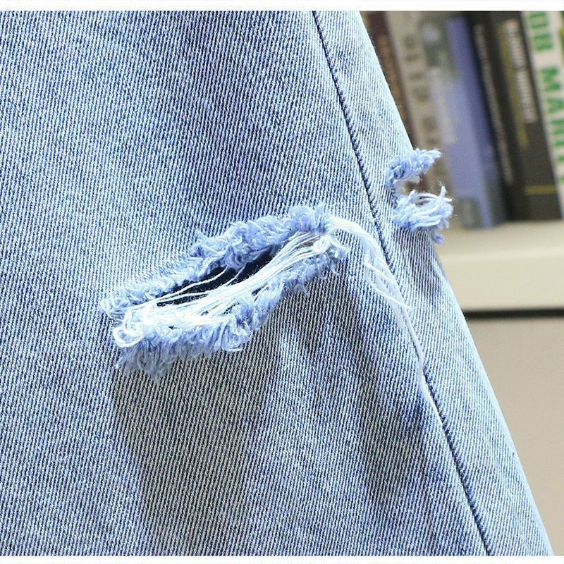 Women's Clothing fashion color matching embroidery short-sleeved T-shirt raw edge hip-wrapped A-line high waist denim skirt_voghion.com