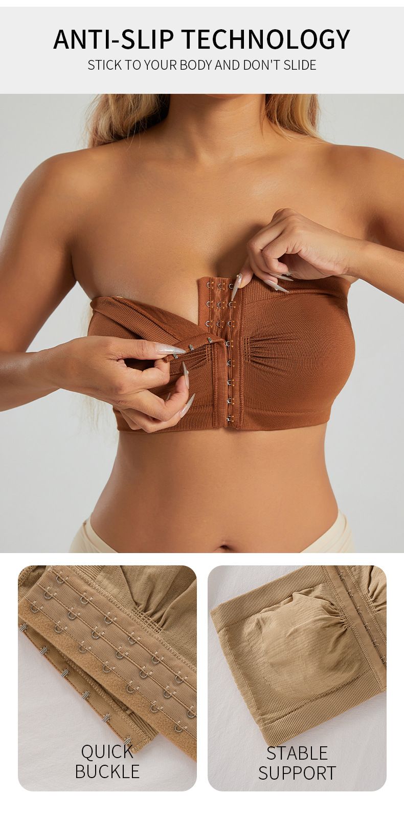 Plus Size Women's Bra With Front Closure, Strapless, Push-Up, No Underwire, Tube Top, Beautiful Back_voghion.com