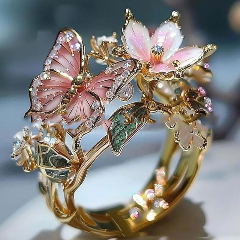 Ready Stock Damen Offen Verstellbar Rosa Vintage Mode Zarte Flash Diamant Tropfen Schmetterling Blume Ring Schmuck Geschenke Für Frau_voghion.com