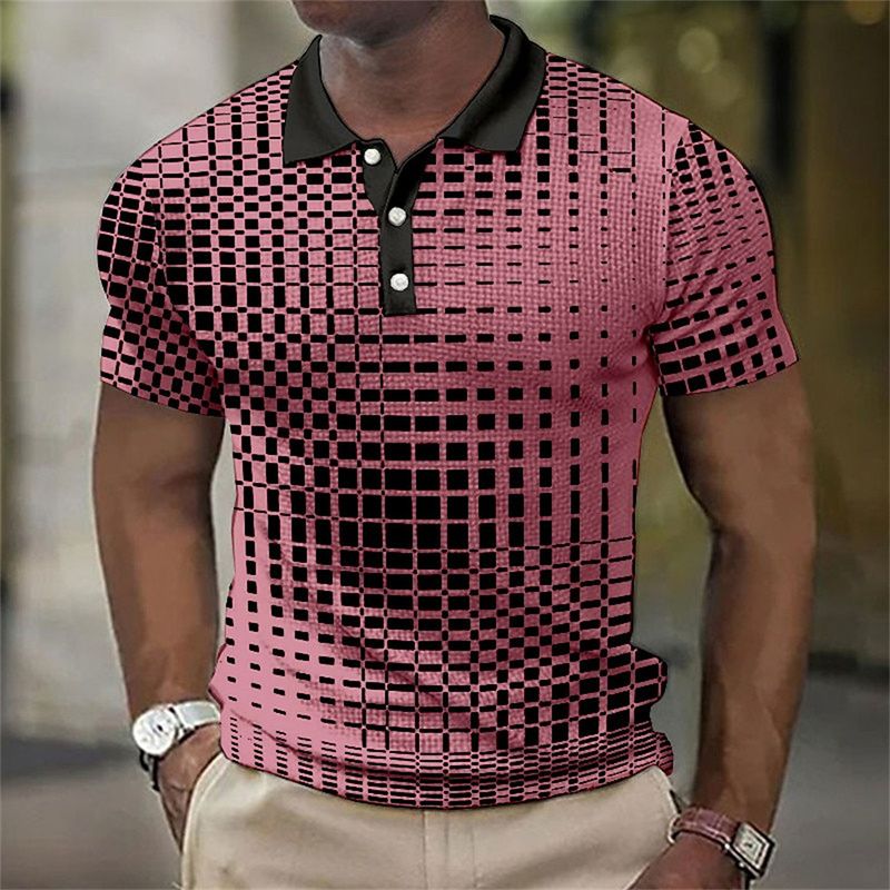 Polo estiva a quadri neri per uomo casual, modello oversize, a maniche corte_voghion.com
