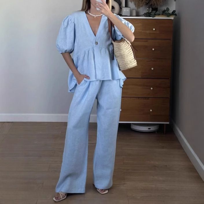 Ensemble 2 pièces pour femme, haut à col en V et pantalon à manches courtes, couleur unie, printemps et été_voghion.com