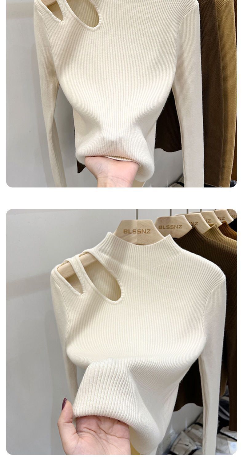 Elegantes französisches Hollow-Out-Strickoberteil für Damen mit Halbrollkragen und Spitze als Basisschicht für Herbst und Winter_voghion.com