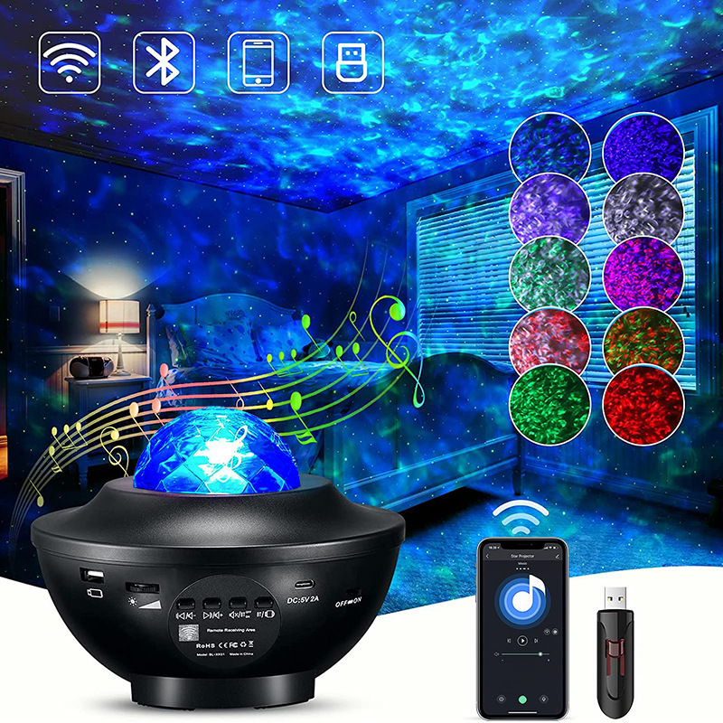 Geprojecteerde sterrenhemel Grote kom USB Bluetooth Muziek Draaiende rimpel Volle sterrenhemel Laser Podiumverlichting Slaapkamersfeer Nachtlampje_voghion.com