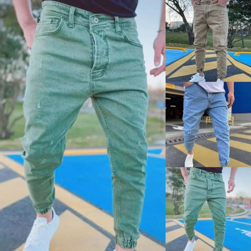 2024 Herbst Slim Fit Heren Jeans Reine Farbe Casual Elastische Taille Jeans Strahl Fuß Streetwear Jogger Denim Hosen_voghion.com