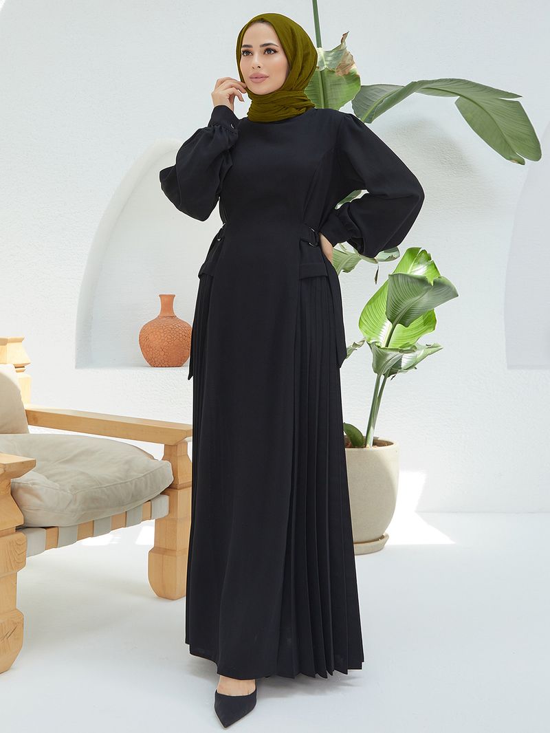 Damenbekleidung Langer Rock Kaftan Laternenärmel Taille Plisseekleid_voghion.com