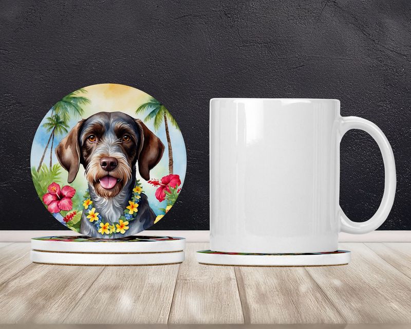German Wirehaired Pointer Luau Large Sandstone Coasters Pack Of 4 Absorbent Round Coasters Decor Gifts For Men Or Women, 4 In, Multicolor_voghion.com