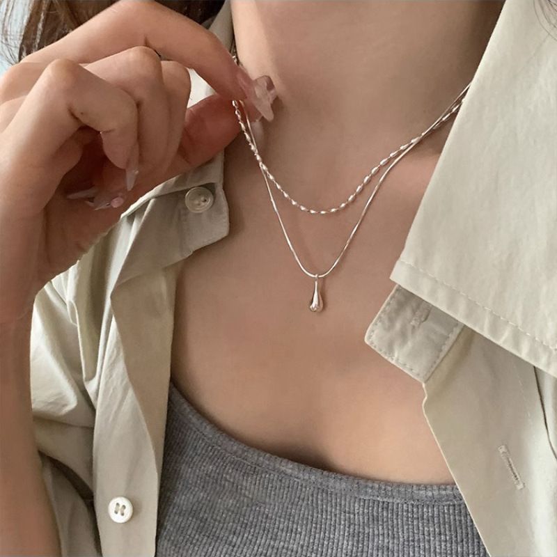 XIYA Minimalistische Doppelschicht-Halskette mit Wassertropfen-Anhänger für Frauen, koreanische Mode, neuer Schmuck, Geschenk für Freunde, Party, Collier_voghion.com