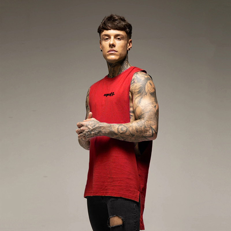 Sport locker sitzende Herren-Lauf-Fitness-Kleidung, Weste, Baumwoll-T-Shirt, langer Saum, Freizeitkleidung, Basketball-Training_voghion.com