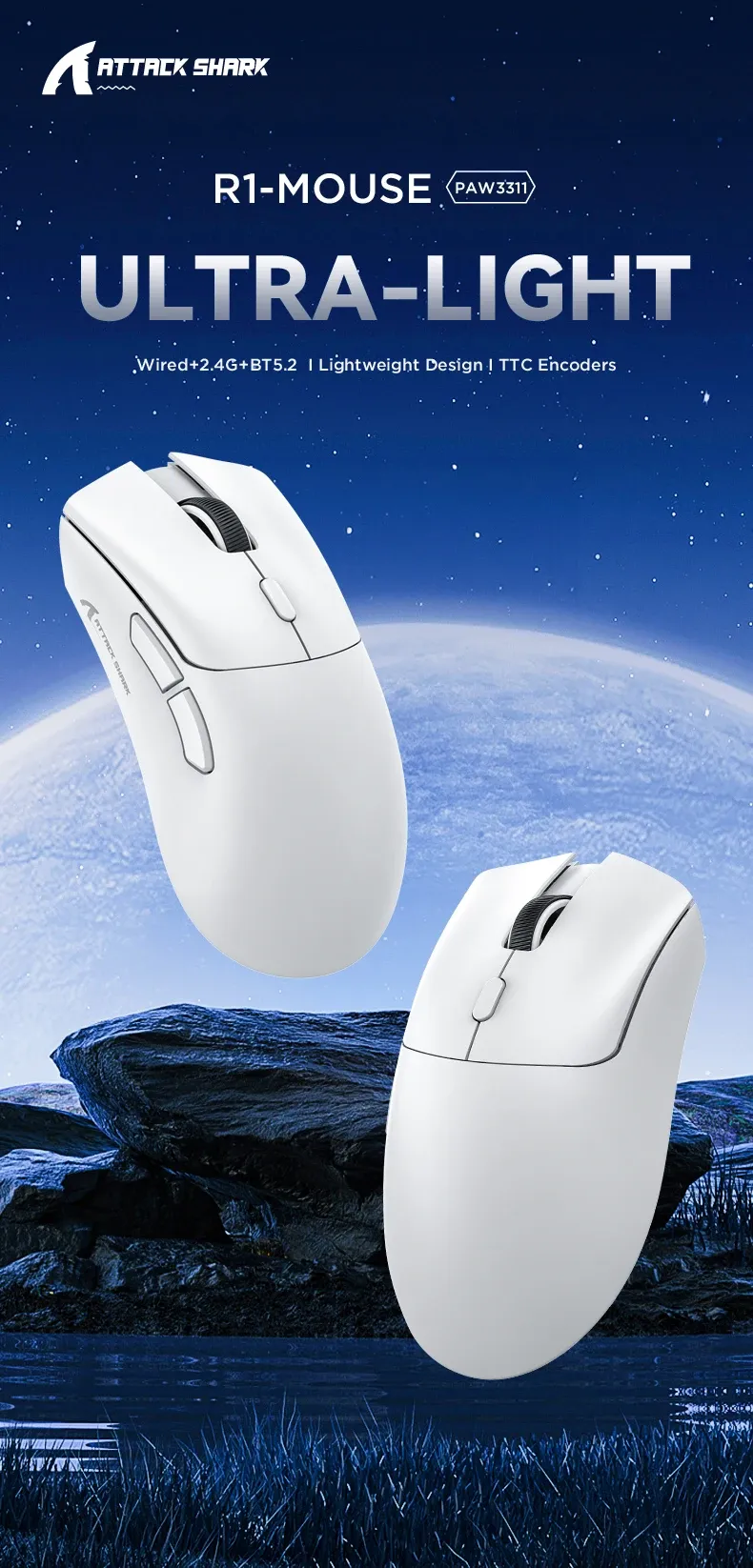 Attack Shark R1 1000Hz Bluetooth Wireless Tri-mode Connection 18000dpi Optical Mouse Lightweight Ergonomic DesignMouse_voghion.com