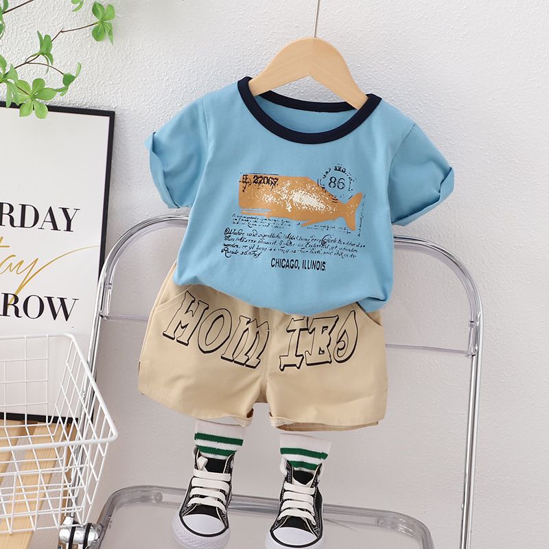 Meninos Verão 2024 Novo Bebê Moda Casual Gola Redonda Carta Golfinho Manga Curta Conjunto de Duas Peças_voghion.com