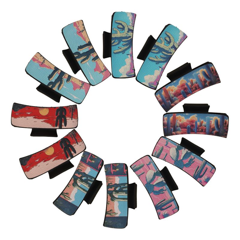Kaktus-Haarspange aus PU-Leder mit Aufdruck – Wüstenpflanze im Anime-Stil, Krallenklammer für den Hinterkopf – Großer Hai-Clip_voghion.com