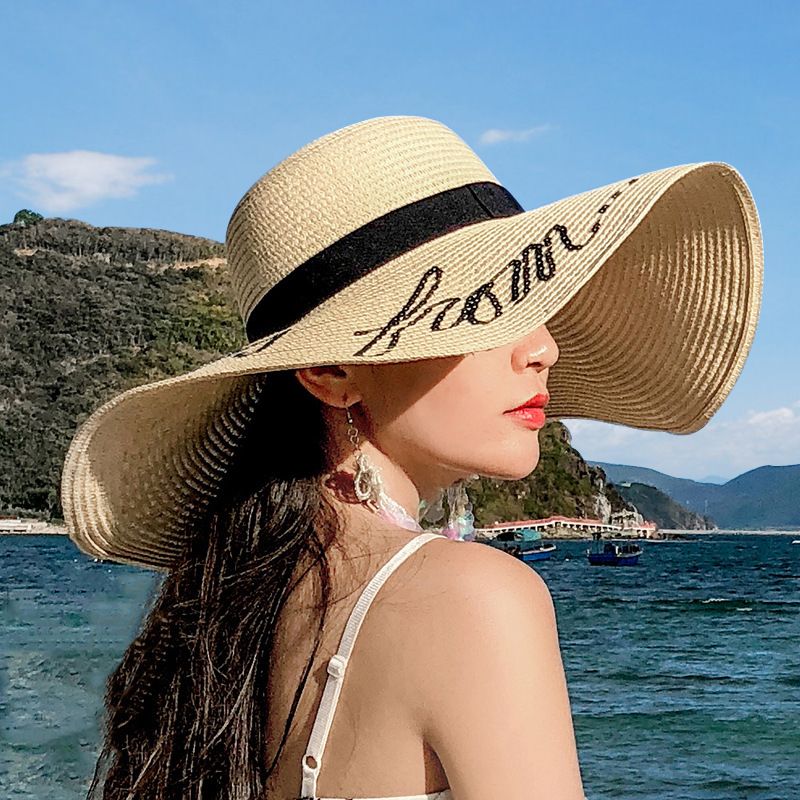 Cappello di paglia a tesa larga da donna, cappello da sole per le vacanze_voghion.com