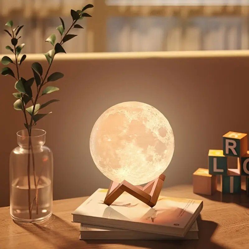 Moon Lamp With Bracket, Suitable As A Gift For Friends And Lovers, White Spherical Moon Lamp With Wooden Frame Base_voghion.com