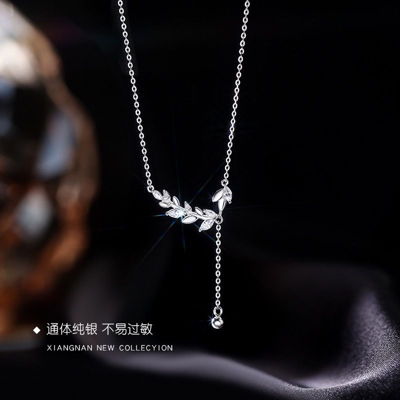 S999 Wheat Ear Tassel Necklace for Women, Sweet Elegant, Small and Fresh collarbone Chain, Pure Silver Necklace,_voghion.com