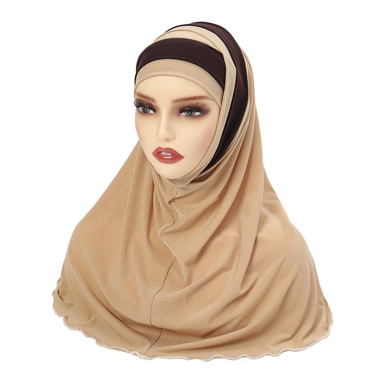 two-color stitching turban hat Muslim big hat two-piece set women's four-season pullover hat in stock_voghion.com