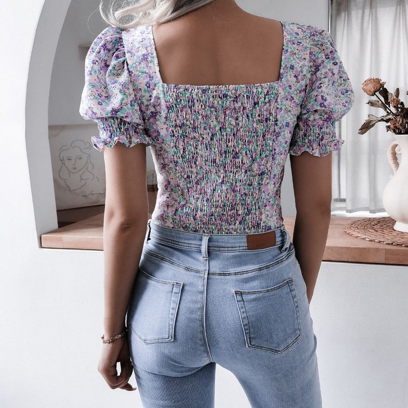 Summer New Casual Lantern Sleeve Square Neck Sexy Fragmented Chiffon Top Women's Wear_voghion.com