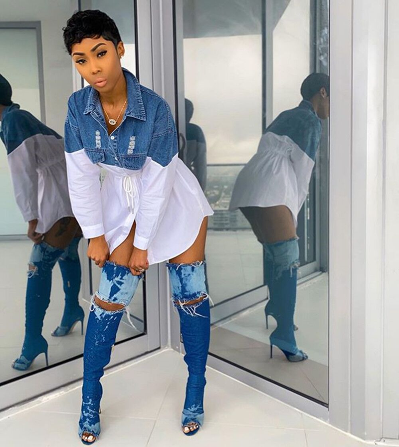 Moda femminile Camicia in denim alla moda con gonna slim fit allacciata_voghion.com