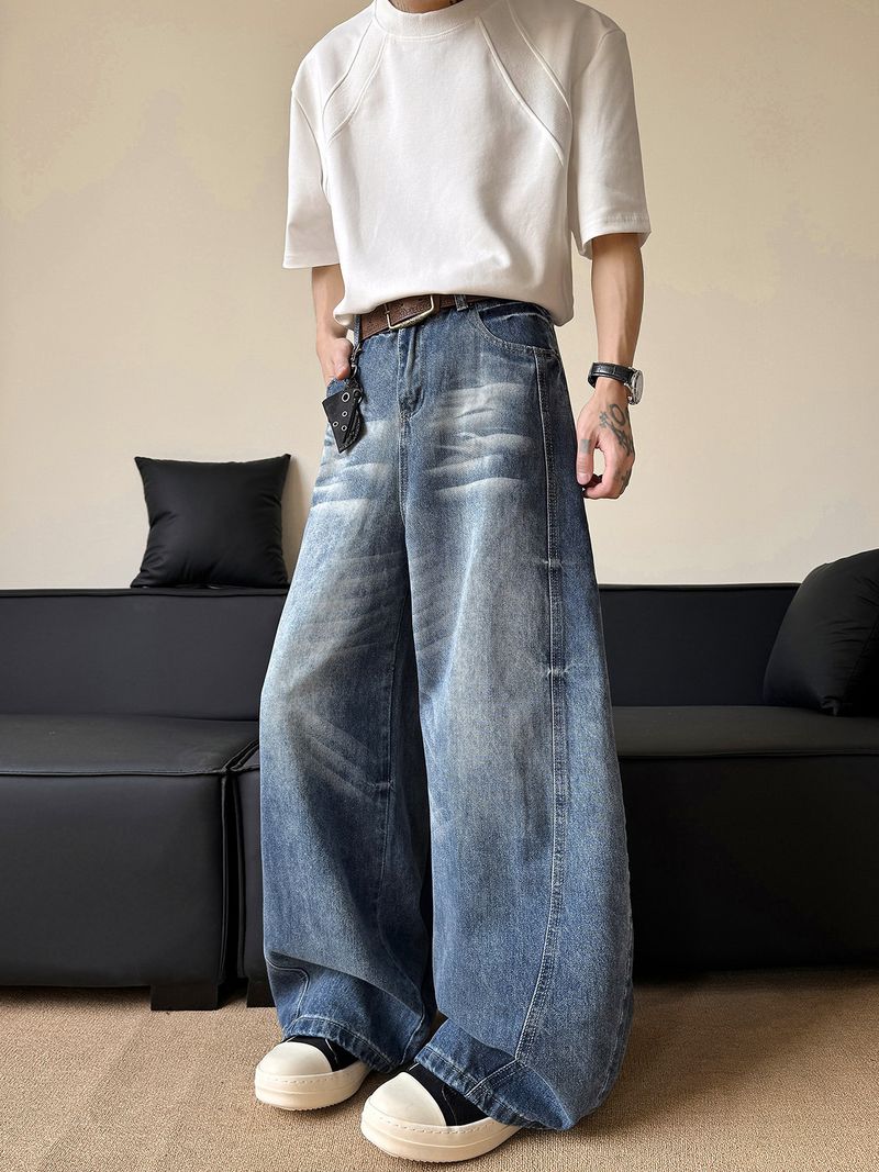 Jeans a gamba larga con effetto scimitarra, lavaggio street, effetto baffo di gatto, per uomo e donna, belli e snelli, t-shirt di coppia, pantaloni alla moda._voghion.com