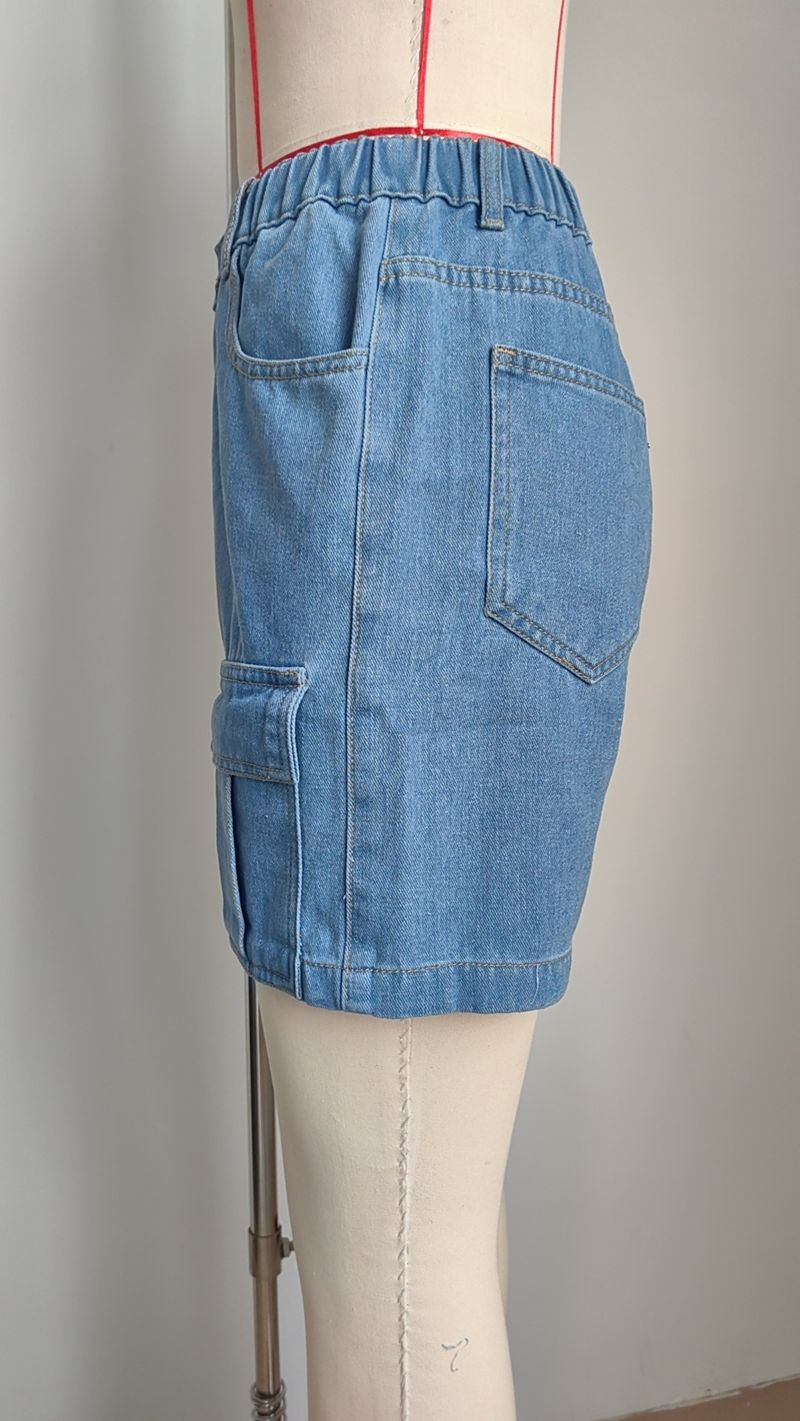 pantaloncini in denim casual da lavoro con elastico in vita lavato_voghion.com