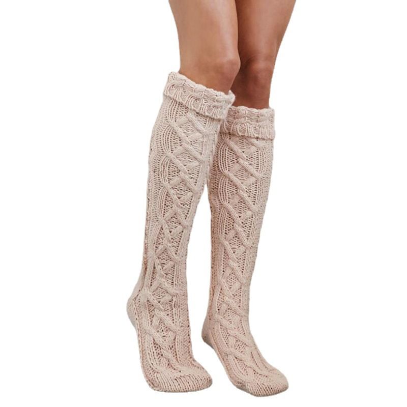 2025d Hochwertige, modische Overknee-Socken mit Zopfmuster und Bündchen für Damen, einfarbig, Wollsocken bis zur Mitte der Wade_voghion.com