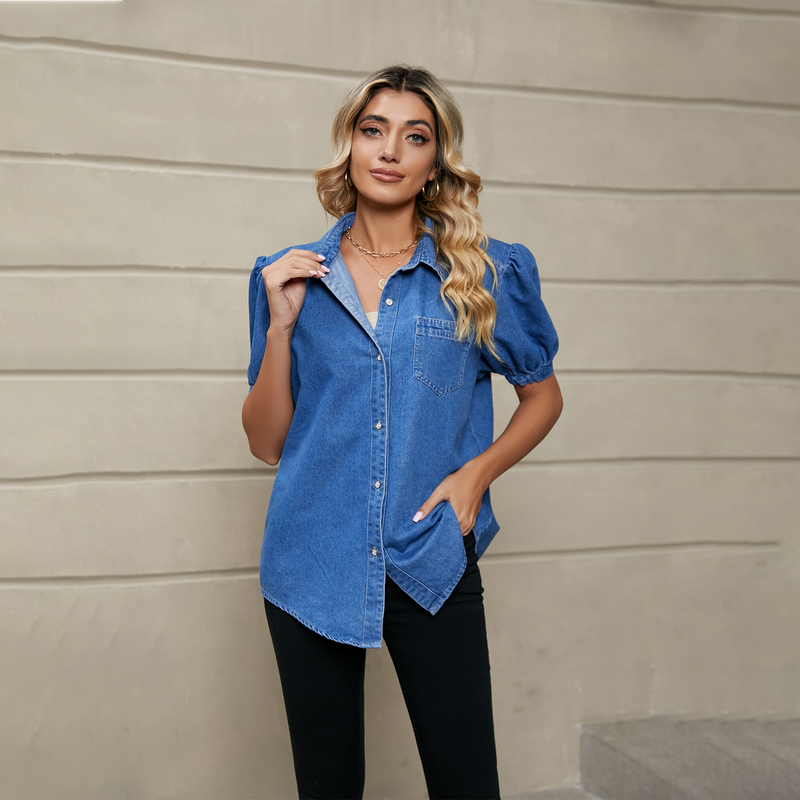 Versatile top casual da donna in denim sottile con colletto a risvolto e manica da principessa_voghion.com