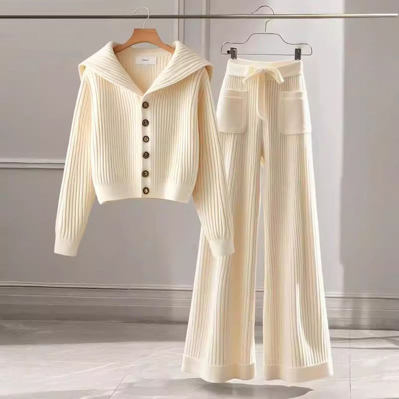 Abbigliamento da donna autunno e inverno Elegante completo in maglia a due pezzi per donna - Completo casual da ufficio autunno inverno con cintura a fiocco e dettagli antirughe_voghion.com
