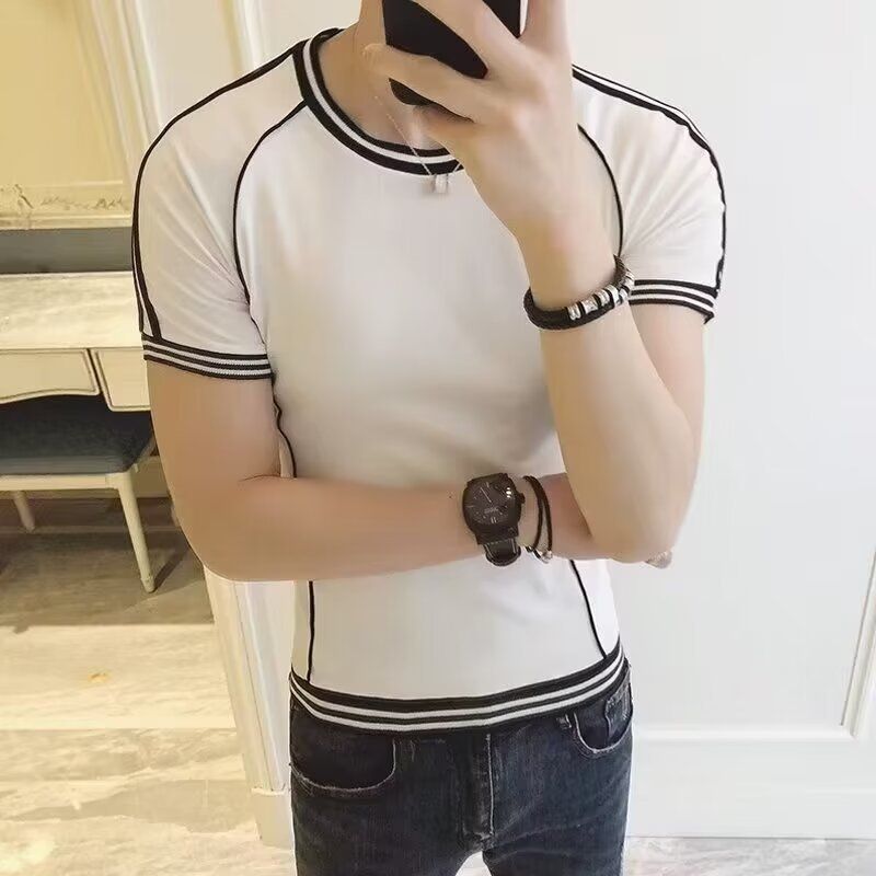 Herrenbekleidung Sense Ribbon Line Farblich passender Kurzarmpullover Herren Sommer Trendy Brand Inner Strickpullover Herren Dünnes Basishemd_voghion.com