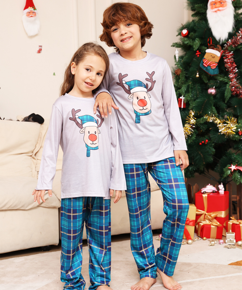 Christmas Plaid cartoon deer Christmas family dress printed home dress pajamas_voghion.com