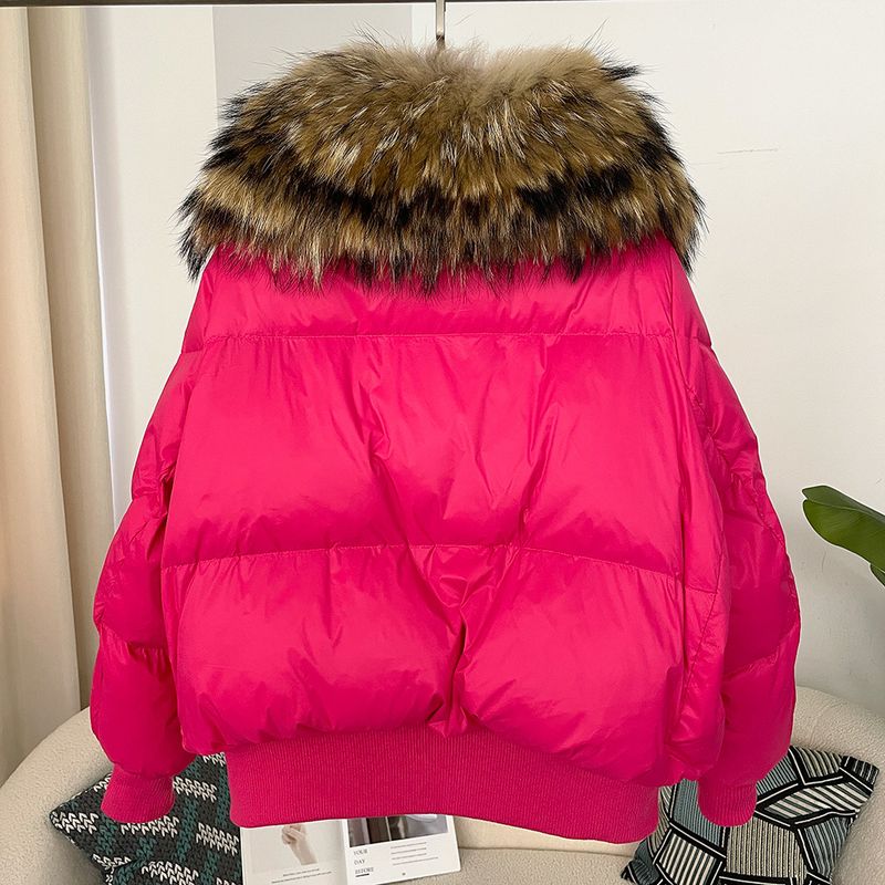 Women's Clothing Ready to stock detachable oversized raccoon fur collar winter women's short thickened white duck Warm jacket jacket flat coat coat_voghion.com
