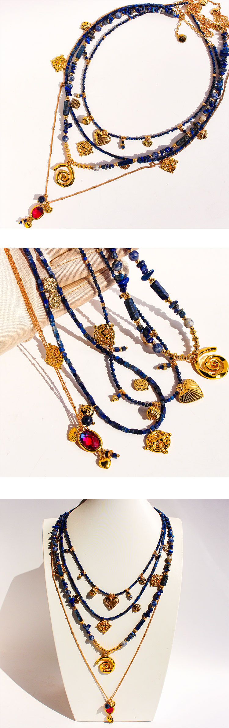 Collana di perline di lapislazzuli con pendente a moneta e conchiglia – Catena a strati bohémien realizzata a mano, design geometrico e a cuore per le vacanze al mare_voghion.com