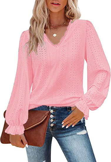 Maglietta con scollo a V da donna, nuova stagione 2025, autunno, casual, con maniche arricciate e traforate_voghion.com