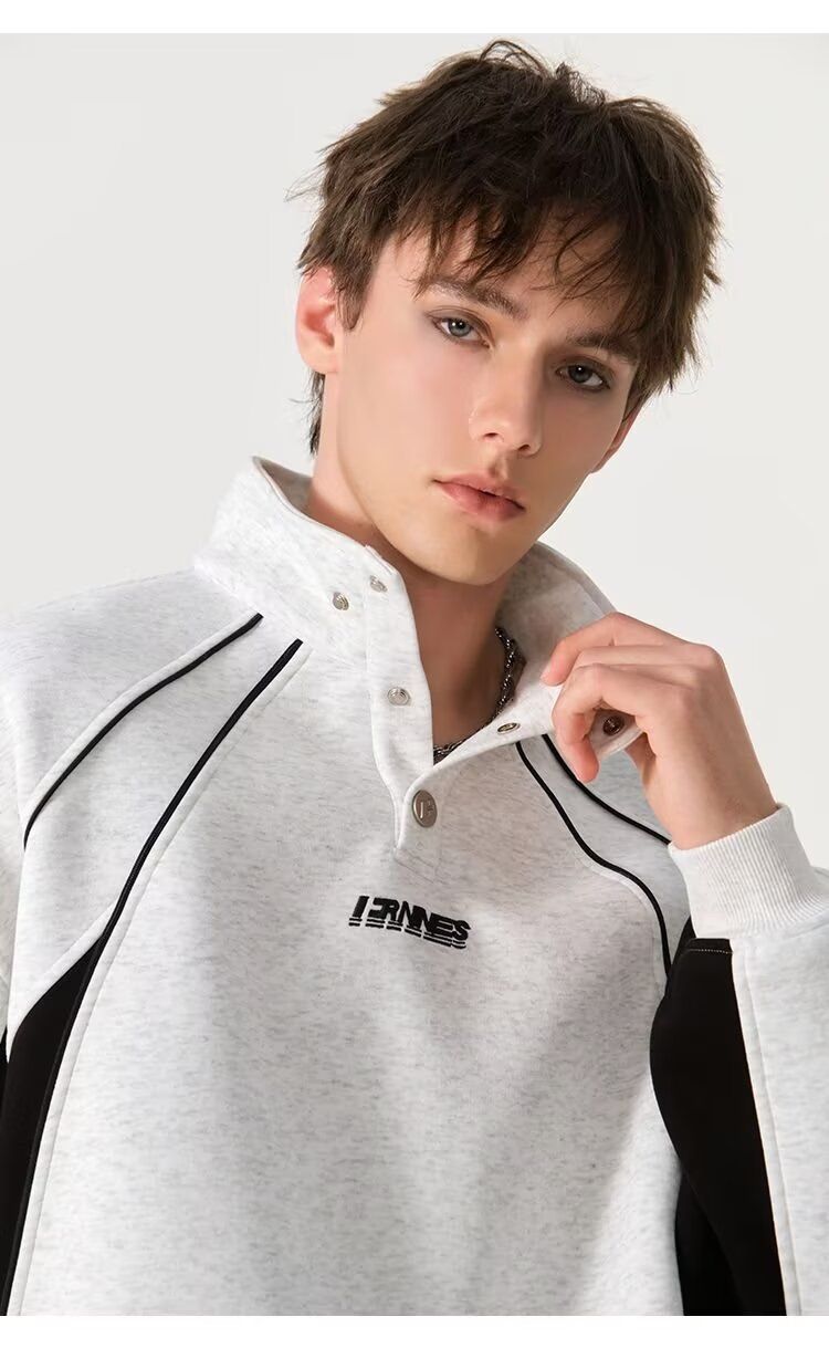 Herren-Sweatshirt mit Stehkragen in schwerer Qualität – trendiger Slim-Fit-Pullover (ohne Markenzeichen, Polyester-Baumwoll-Mischgewebe, schwarz/weiß, lässiges Streetwear-Essential)_voghion.com