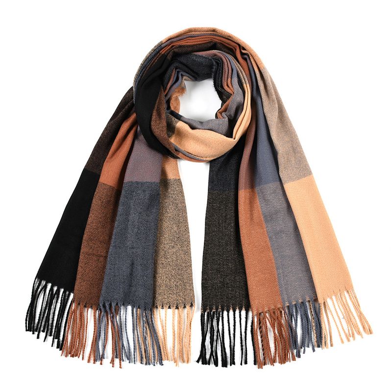Herbst Winter Mode Kaschmir Plaid Schal Verdickt Warme Quaste Farbe Block Frauen Schal_voghion.com