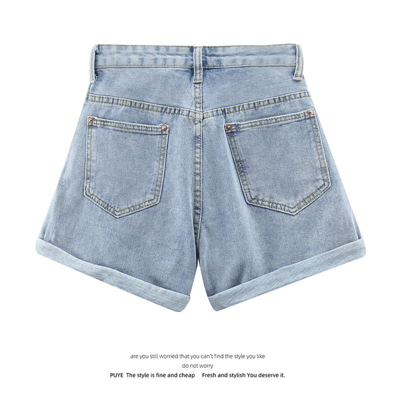 Curled denim shorts for women's summer 2024 new high waisted A-line hot versatile and slimming casual wide leg pants,_voghion.com