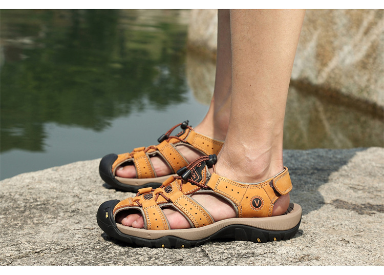 Sommer-Herren-Sandalen und Hausschuhe in großen Größen, Strandschuhe mit Klettverschluss, Baotou-Sandalen aus echtem Leder, atmungsaktive Freizeitschuhe aus Leder_voghion.com
