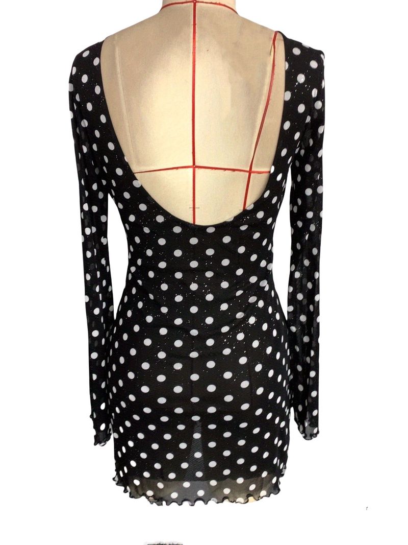 2025 Neues elegantes Damen-Kleid mit Netzstoff und Polka Dot-Print, Rundhalsausschnitt, rückenfrei, langärmelig_voghion.com