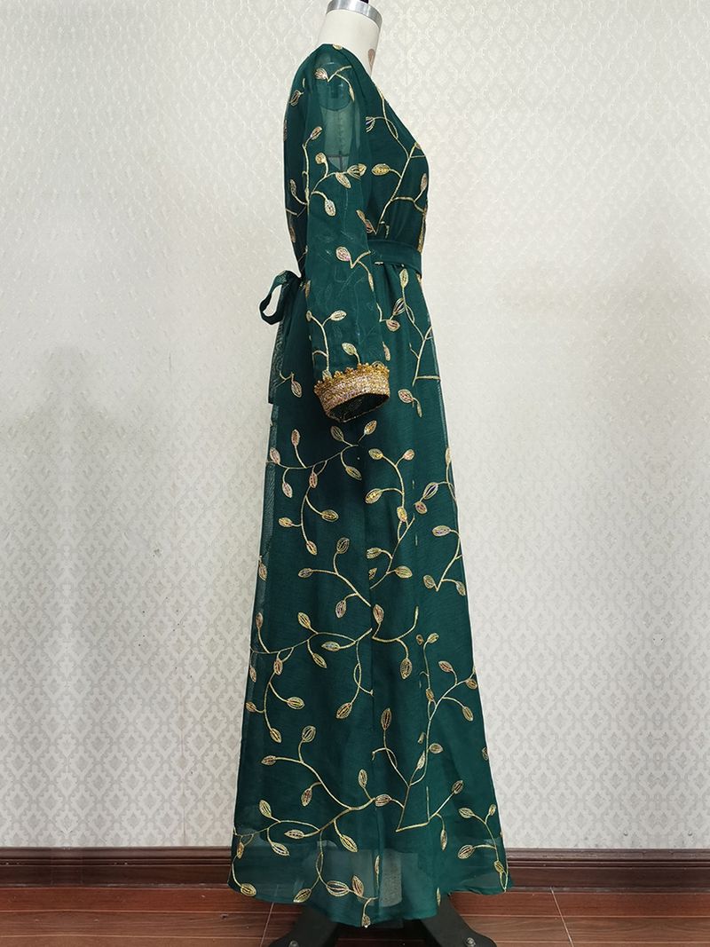 Exquisites, von Dubai inspiriertes, besticktes Abaya-Kleid für muslimische Frauen – Elegantes Party- und Abendkleid mit Blumenapplikation_voghion.com
