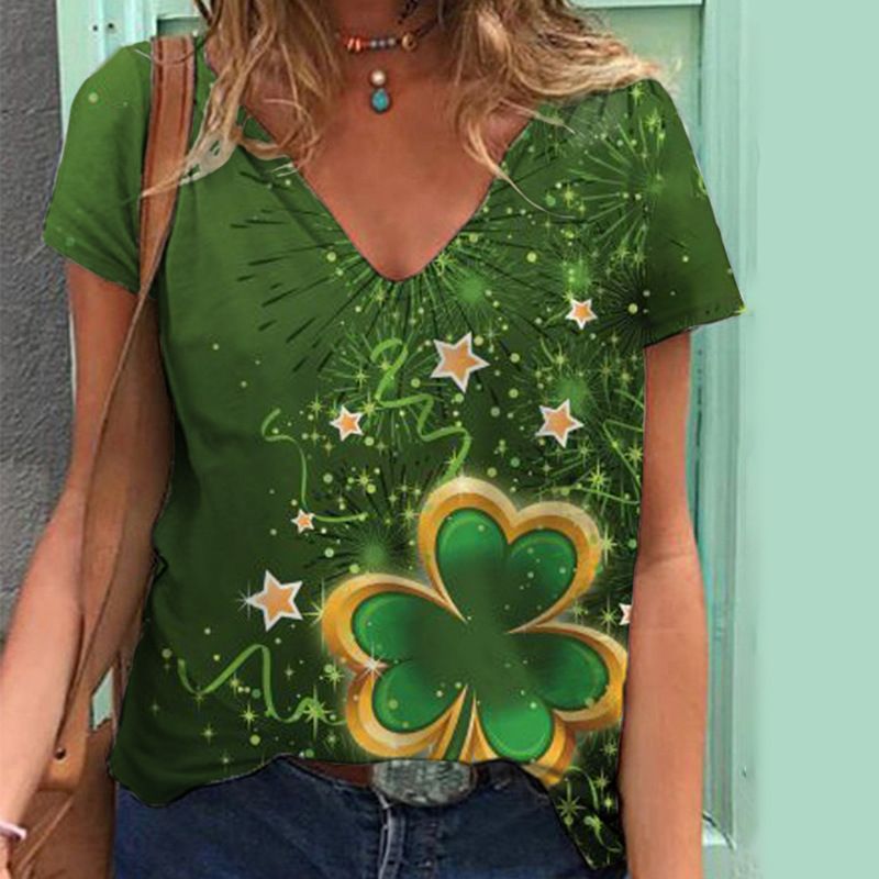 Camiseta feminina com estampa digital 3D e manga curta, gola V, estilo solto, verão 2022_voghion.com