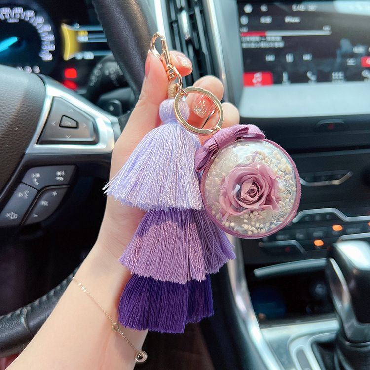 Creative Ice Silk Tassel Eternal Flower Gradient Color Internet Celebrity Car Keychain Cute Bag Pendant Gift_voghion.com