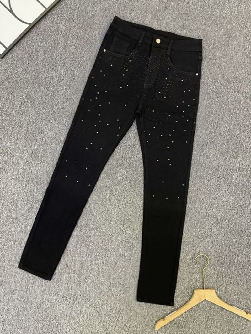 Pantaloni lunghi elasticizzati slim fit da adolescente con strass, casual, alla moda, a vita media, leggermente elasticizzati, in denim nero alla moda_voghion.com