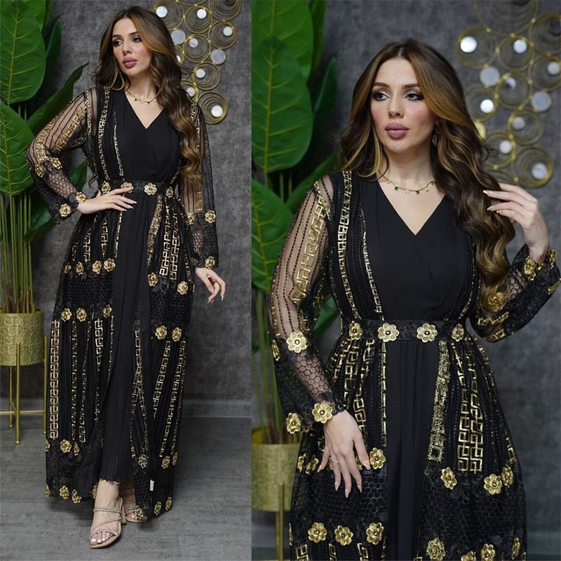 New Muslim Embroidered Mesh Jacket With Chiffon Vest Skirt Suit Kaftan Dress_voghion.com