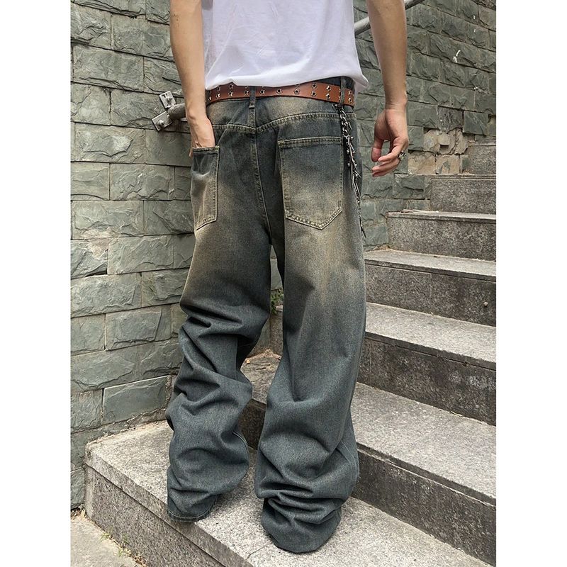Men's Clothing Spring And Autumn Washed Old Design Jeans Loose Floor Mopping Wide Leg Long Pants_voghion.com