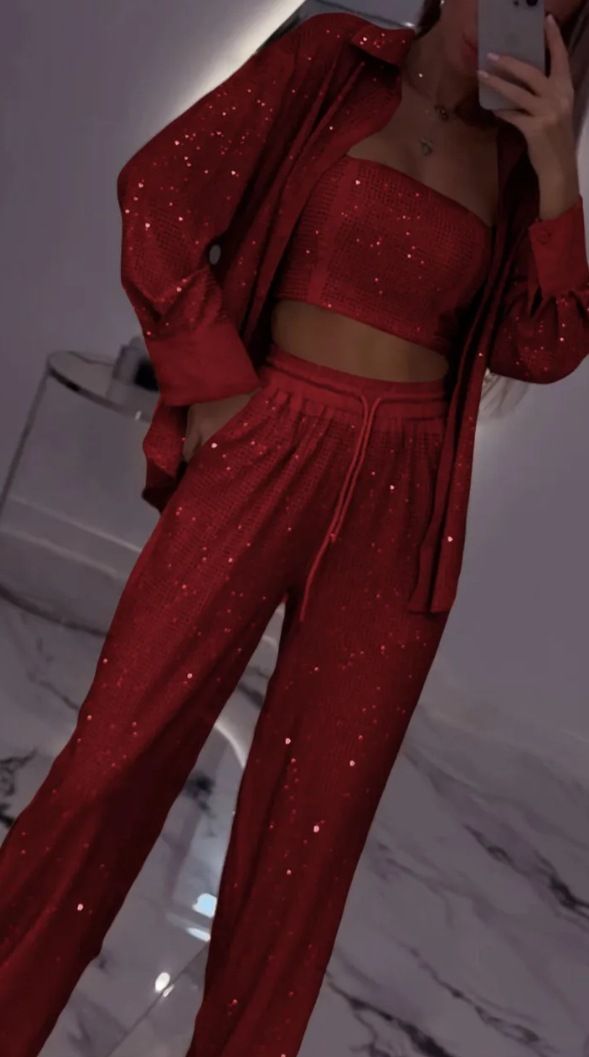 Luxury Trendy Sexy Sequin Long Sleeve Shirt Women 3 Pieces Set Shiny Wide Leg Pants Outfits Party Lady Gown Vacation Pant Suit_voghion.com