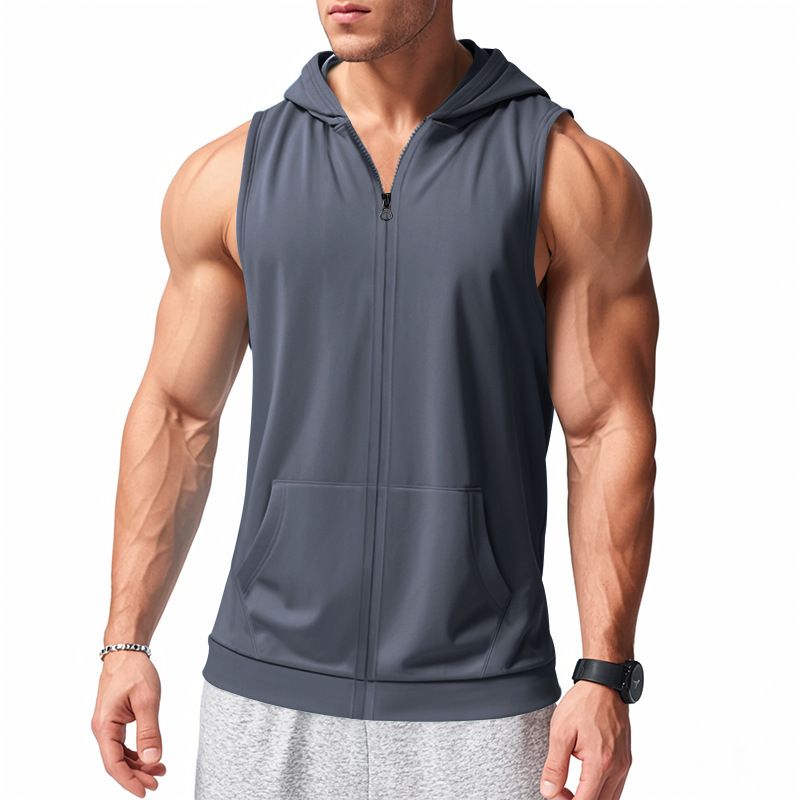 Herren Sommer Unterhemd mit Kapuze Sport Fitness Training Reißverschluss Strickjacke Ärmellose Weste Tops_voghion.com