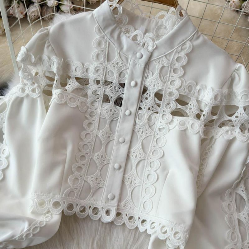 Abbigliamento da donna in stile palazzo retrò, lanterna, maniche lunghe, colletto alto, top in pizzo cavo, due pezzi, pantaloni professionali a vita alta_voghion.com